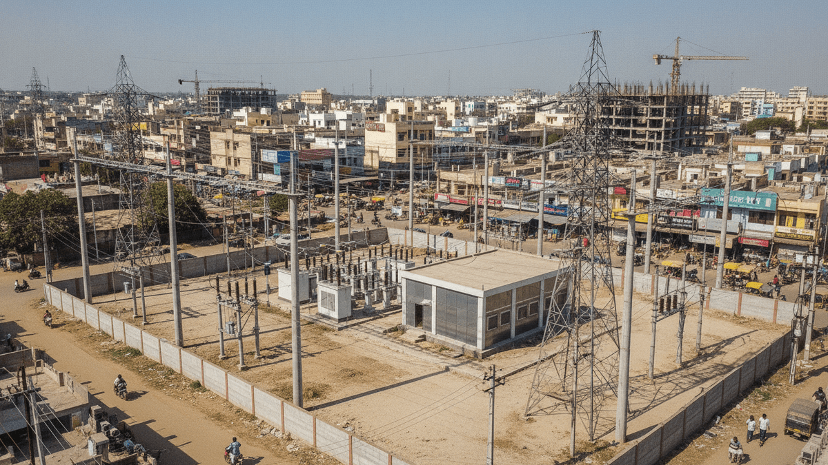 An aerial view of an electrical substation and power lines in a bustling Indian city with ongoing construction and visible urban development.