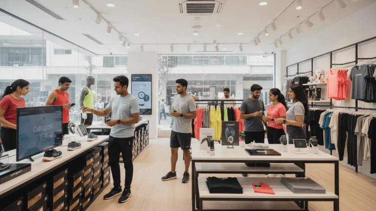 Inside a modern, well-lit Cultsport store with several customers interacting with sports apparel, footwear, and fitness devices.