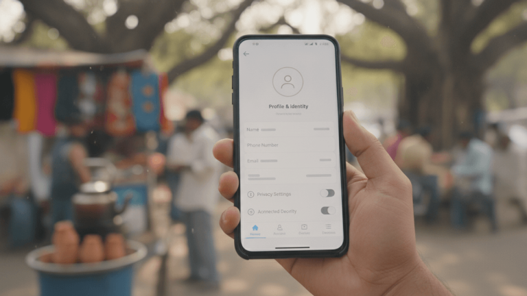 A person's hand holds a smartphone displaying a generic messaging app profile screen in a public outdoor setting in India.