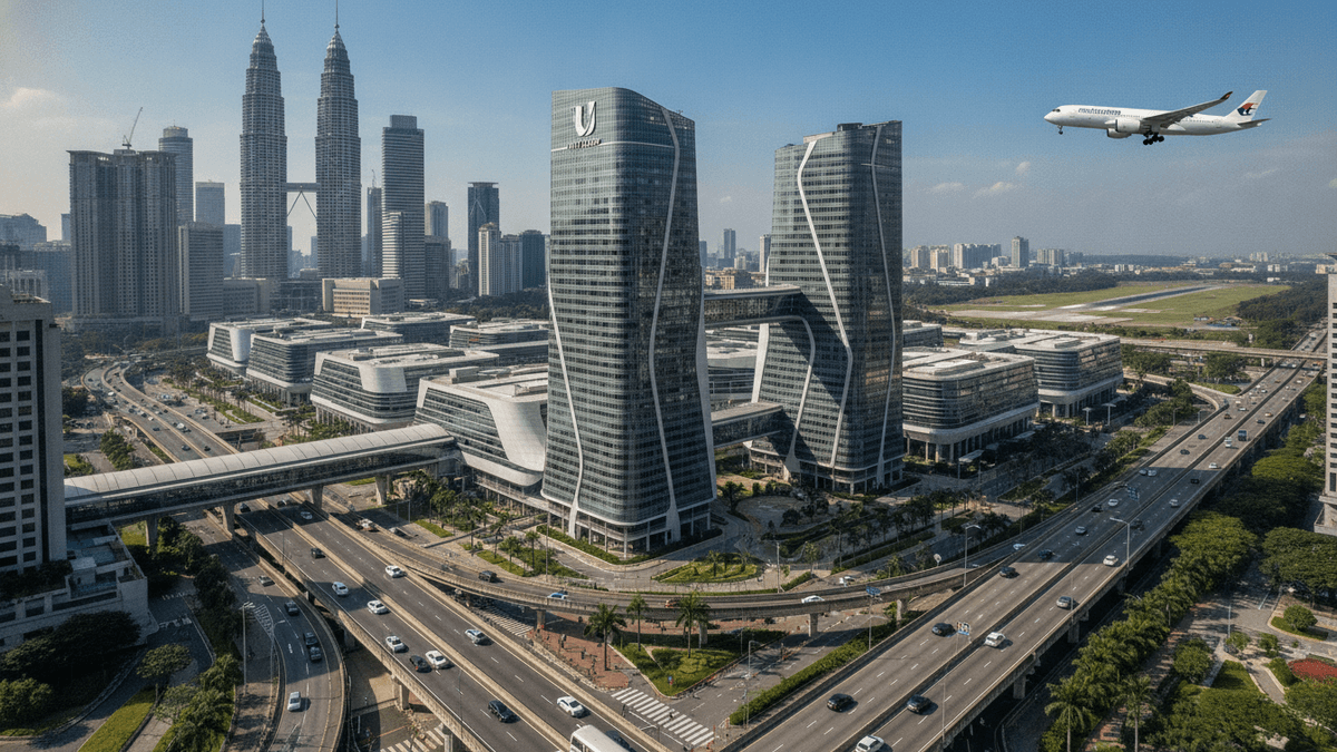 A modern corporate campus with sleek, interconnected buildings, surrounded by a highway, other skyscrapers, and a plane.