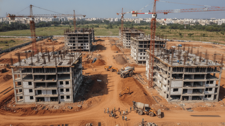 Elevated wide shot of a large construction site with multiple unfinished buildings, cranes, workers, and machinery.