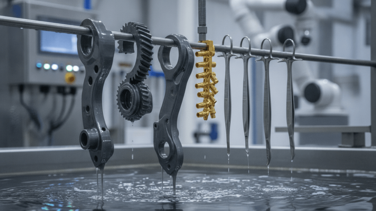 A rack of automotive, electronic, and medical parts being lifted from an electroplating tank.