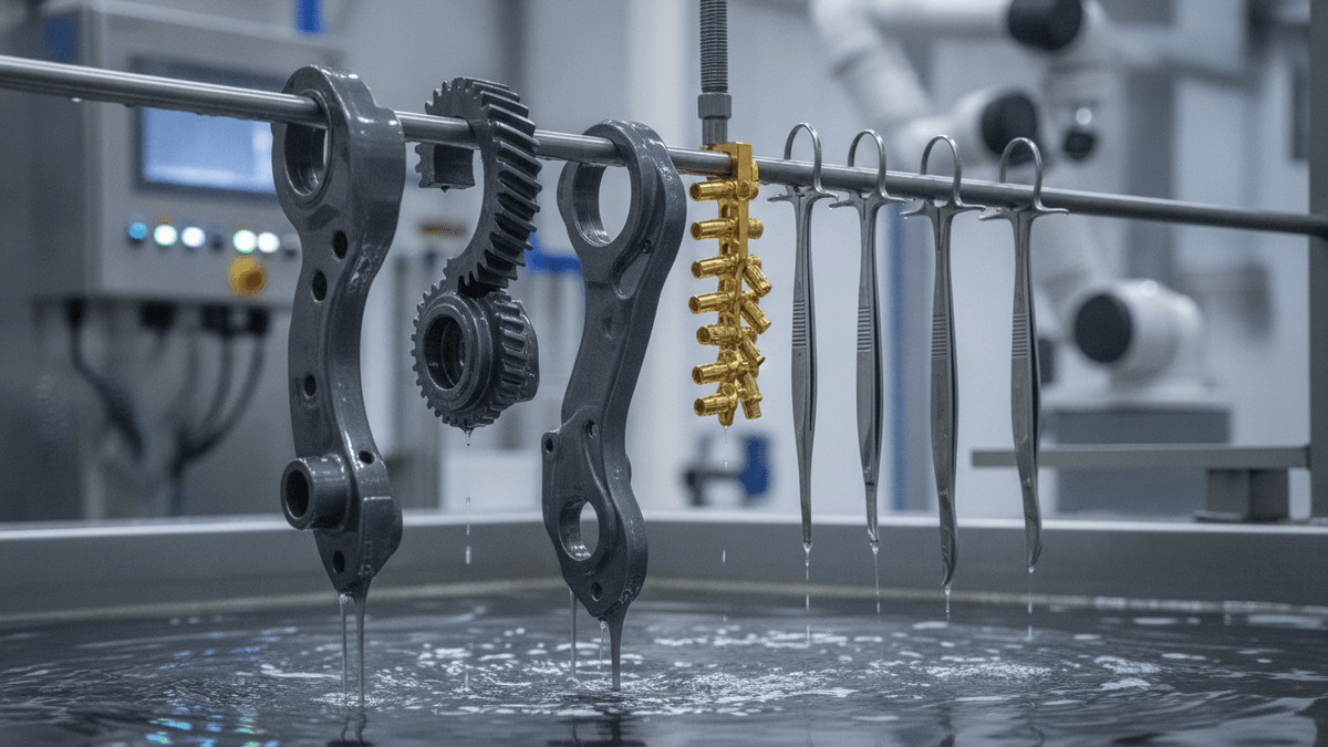 A rack of automotive, electronic, and medical parts being lifted from an electroplating tank.