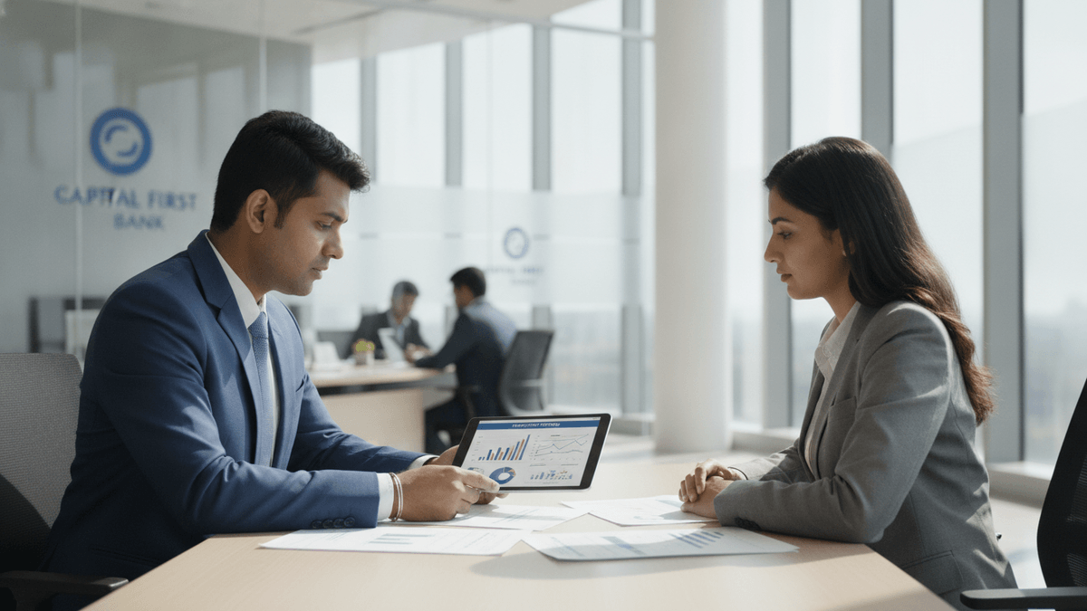 An Indian man and woman seated at a desk in a modern bank, discussing financial information on a tablet.