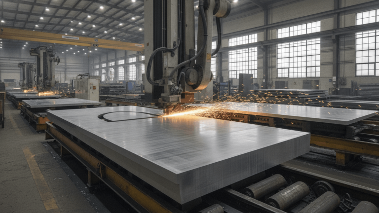 Large aluminum plates are being cut by industrial machinery, creating sparks in a factory setting.