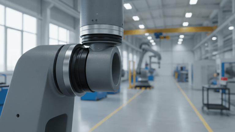 Close-up of a black polymer seal on a gray robotic arm in a brightly lit industrial facility