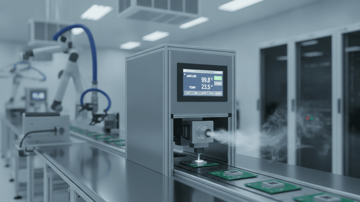 An Air Amplifier Station with a digital display showing "AIRFLOW" and "TEMP" readings, on an automated production line.