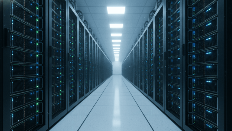 A medium-wide, slightly low-angle shot looking down a long aisle of illuminated server racks in a data center.