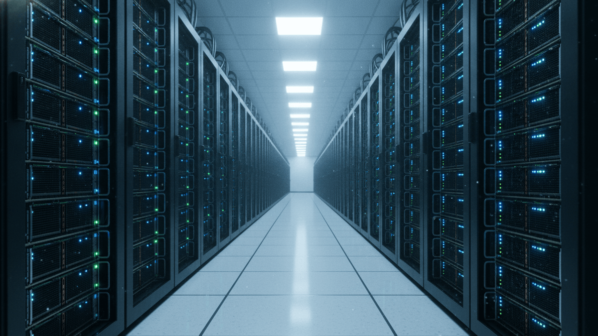 A medium-wide, slightly low-angle shot looking down a long aisle of illuminated server racks in a data center.