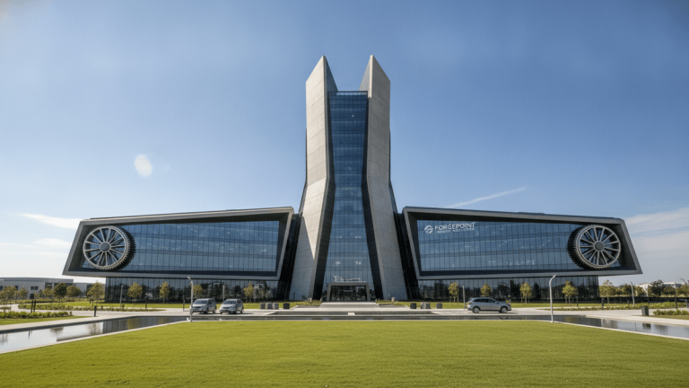 A modern, distinct corporate headquarters building with expansive glass facades and a central tower, set against a clear sky.