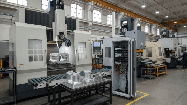 A multi-axis CNC machine processing metal in a factory, with server rack and other machinery visible.