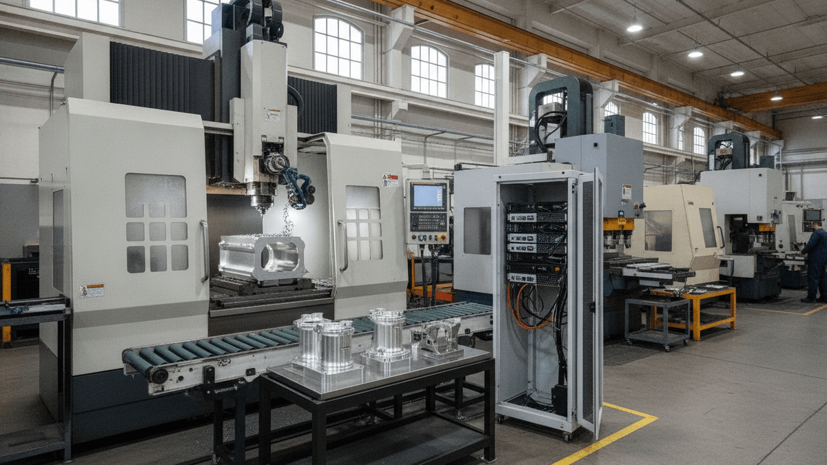 A multi-axis CNC machine processing metal in a factory, with server rack and other machinery visible.