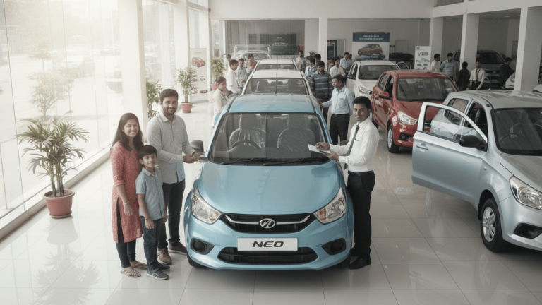 A family of three and a dealership employee standing next to a light blue compact hatchback in a showroom.