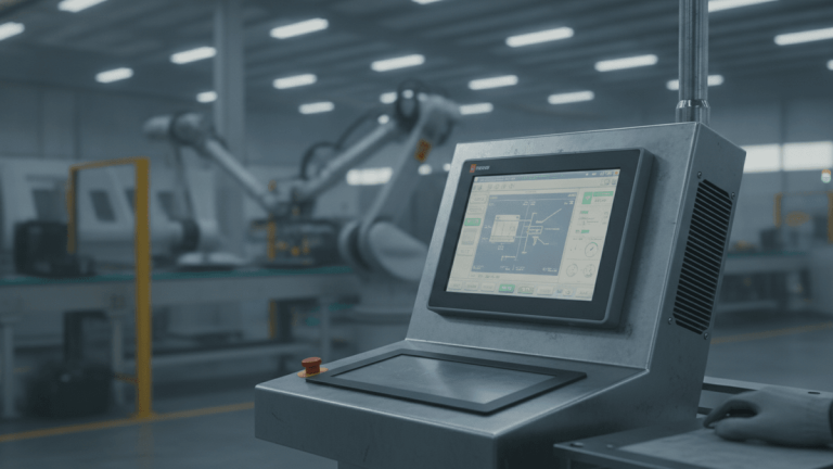 A rugged industrial panel PC with a touchscreen interface, integrated into machinery in a manufacturing facility.