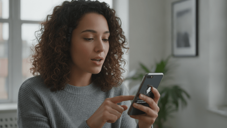 A woman with curly brown hair speaks into a smartphone, held close to her face, in a modern urban home interior.