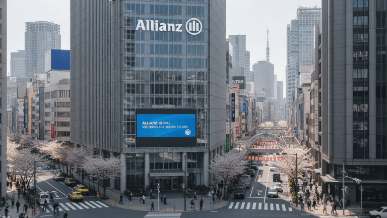 A wide shot of a modern glass building with the Allianz logo and name displayed on its facade in a Japanese city.