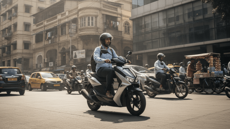 A commuter rides an E3 TRION electric scooter through city traffic in India on a bright, sunny day.