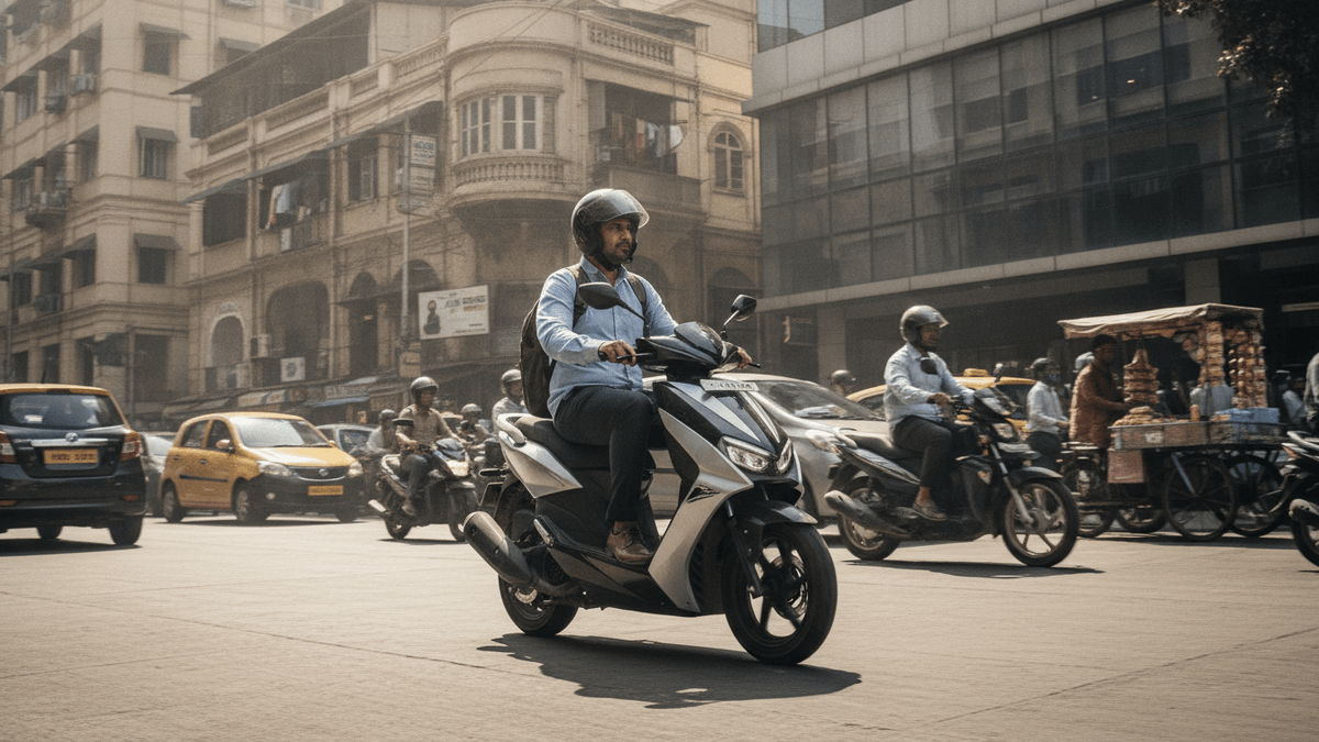 A commuter rides an E3 TRION electric scooter through city traffic in India on a bright, sunny day.