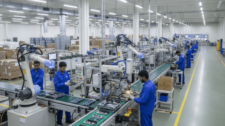 Wide shot of a brightly lit factory floor with Indian workers in blue uniforms assembling circuit boards on an automated production line.