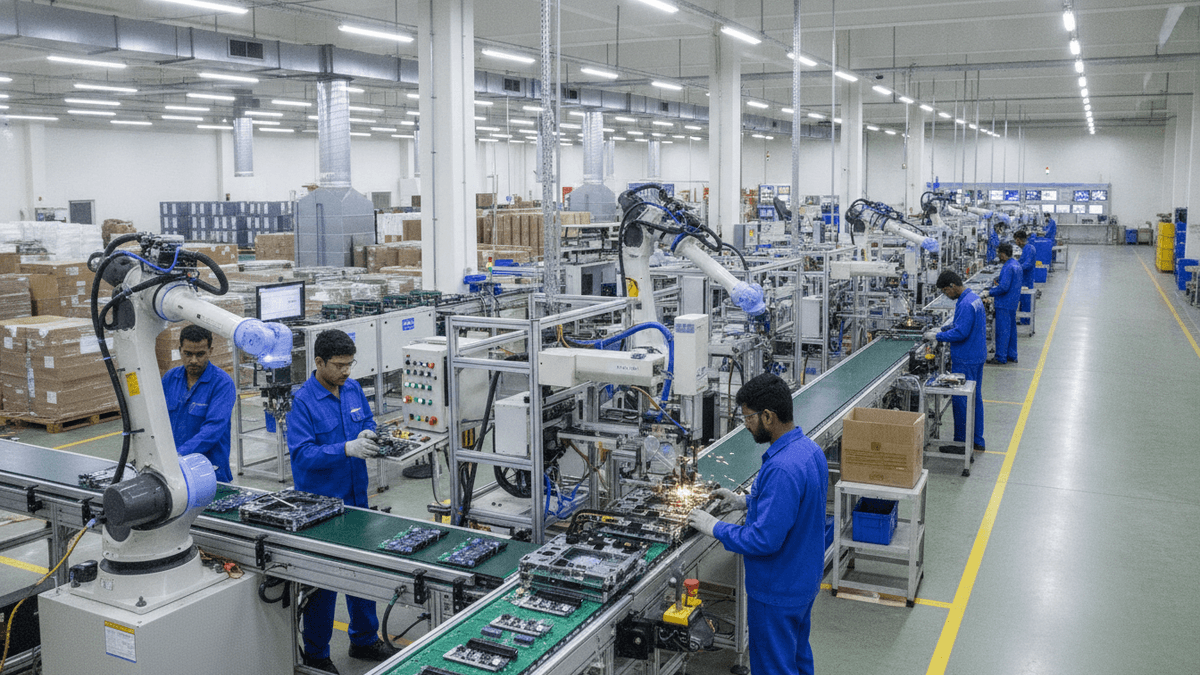 Wide shot of a brightly lit factory floor with Indian workers in blue uniforms assembling circuit boards on an automated production line.
