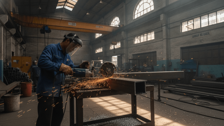 A worker in a blue uniform and face shield operates an electric hacksaw, generating sparks while cutting metal.