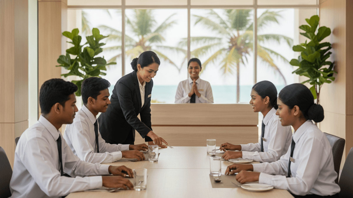 An instructor guides four trainees at a set table. A fifth trainee stands behind a reception desk, smiling. Palm trees and ocean are visible through large windows.