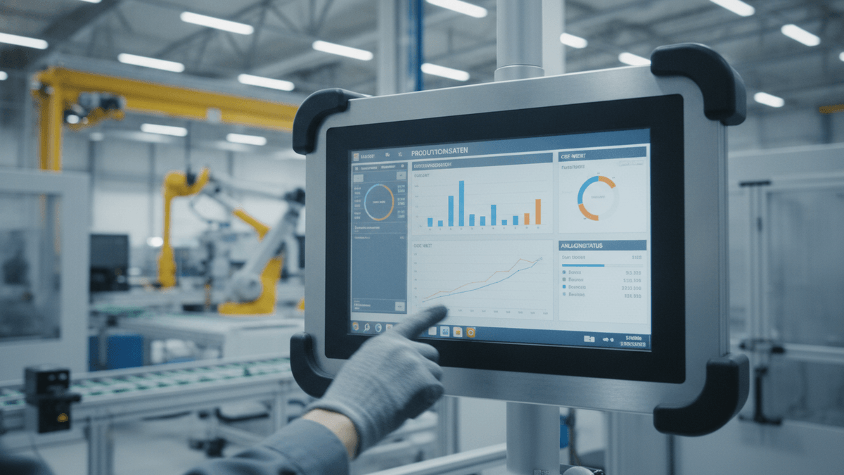 An operator's gloved hand interacts with a large industrial touch monitor integrated into factory machinery, showing data.