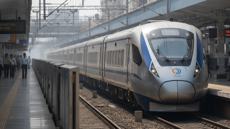 A sleek, silver and blue hydrogen-powered train departs a bustling station platform under bright daylight.