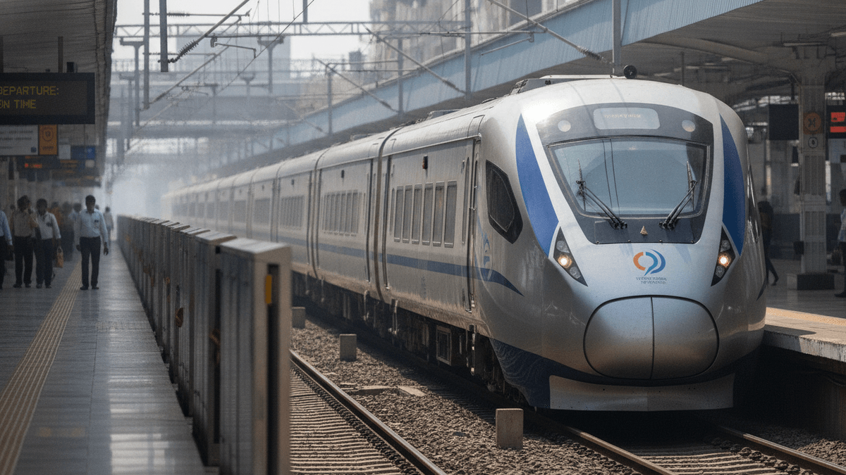 A sleek, silver and blue hydrogen-powered train departs a bustling station platform under bright daylight.