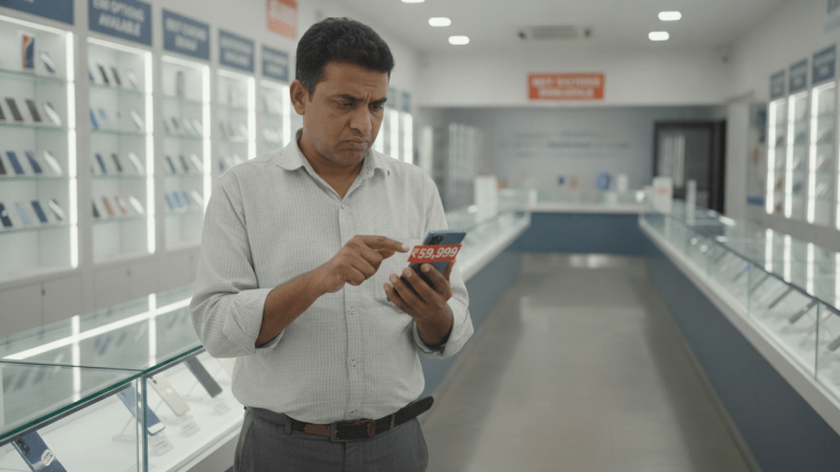 A man in a light shirt and dark trousers looks at a smartphone with a price tag of ₹59,999 in an electronics store.