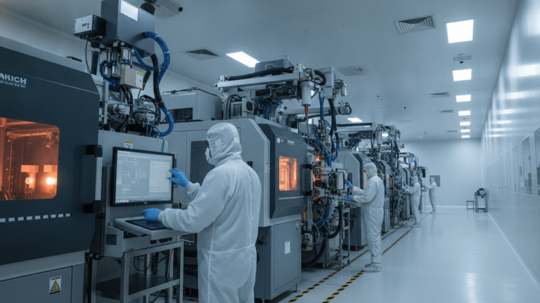 Technicians in cleanroom suits work on semiconductor manufacturing equipment in a brightly lit, expansive cleanroom facility.