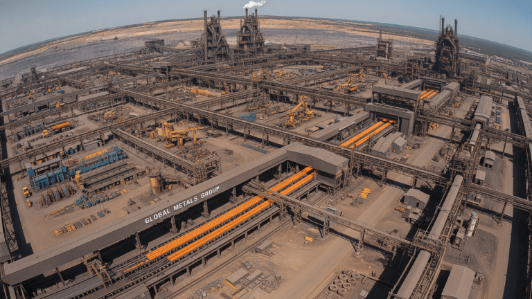 An aerial photograph of a sprawling metal production complex, showing large-scale industrial machinery and processing lines.