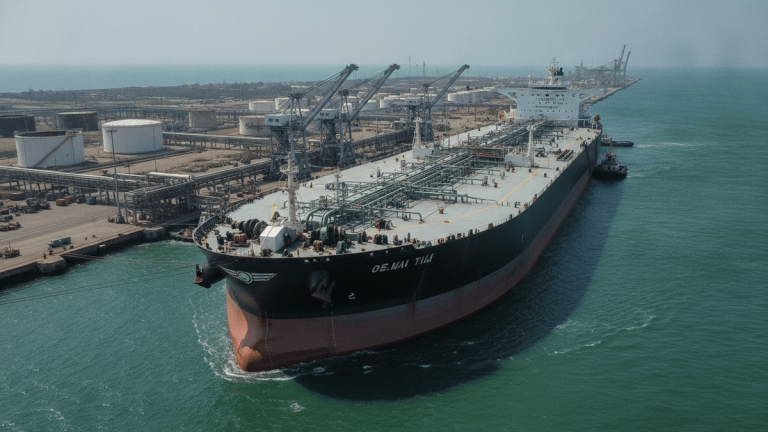 A very large crude carrier (VLCC) oil tanker is docked at an industrial port terminal with loading arms visible.