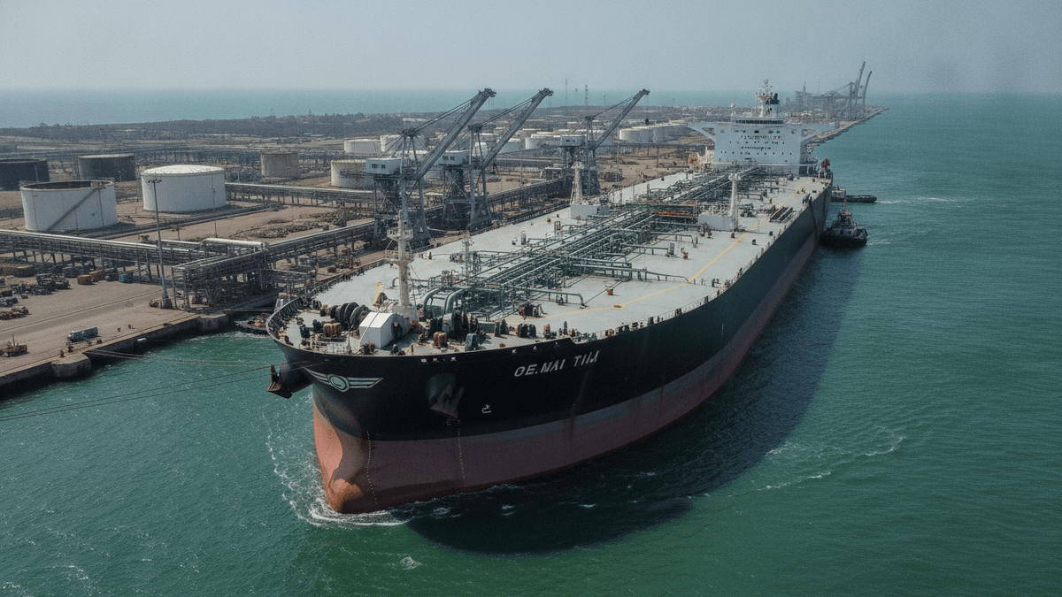 A very large crude carrier (VLCC) oil tanker is docked at an industrial port terminal with loading arms visible.