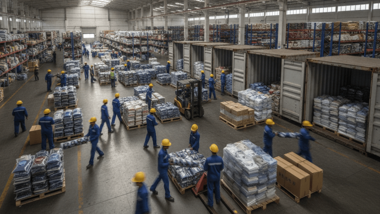 A wide shot of a bustling textile warehouse with many workers moving stacks of fabric and apparel onto pallets and into shipping containers.