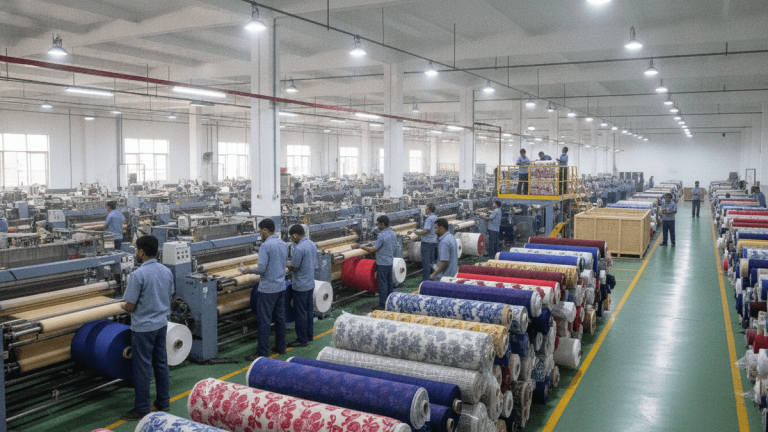 A wide shot of an Indian textile factory with many workers and machines, fabric rolls, and packed goods.