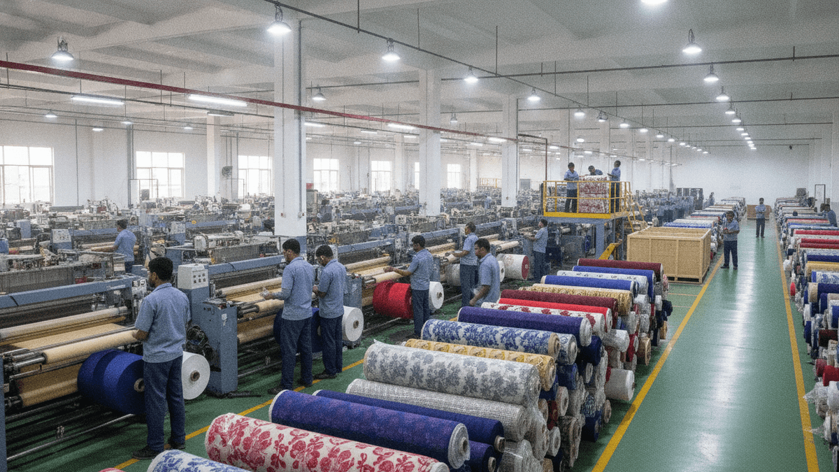 A wide shot of an Indian textile factory with many workers and machines, fabric rolls, and packed goods.