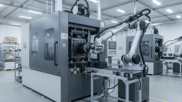A large, grey rubber processing machine operates in a factory, with a robotic arm moving parts on a conveyor belt.