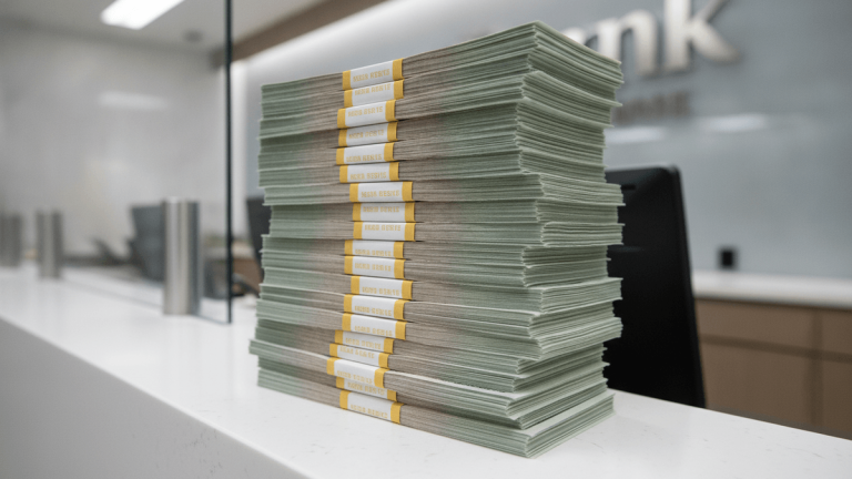 A substantial stack of neatly arranged US dollar bills on a polished, minimalist banking counter.