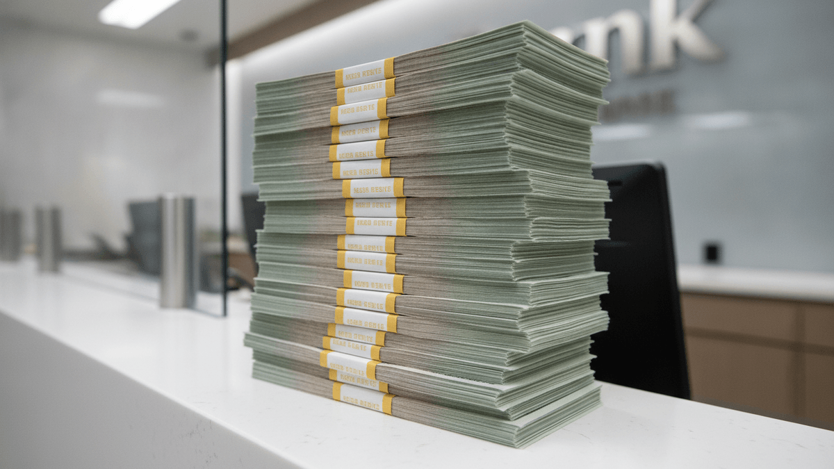 A substantial stack of neatly arranged US dollar bills on a polished, minimalist banking counter.