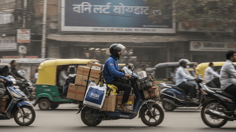 A delivery rider on a scooter, laden with packages, navigates a busy street in an Indian city.