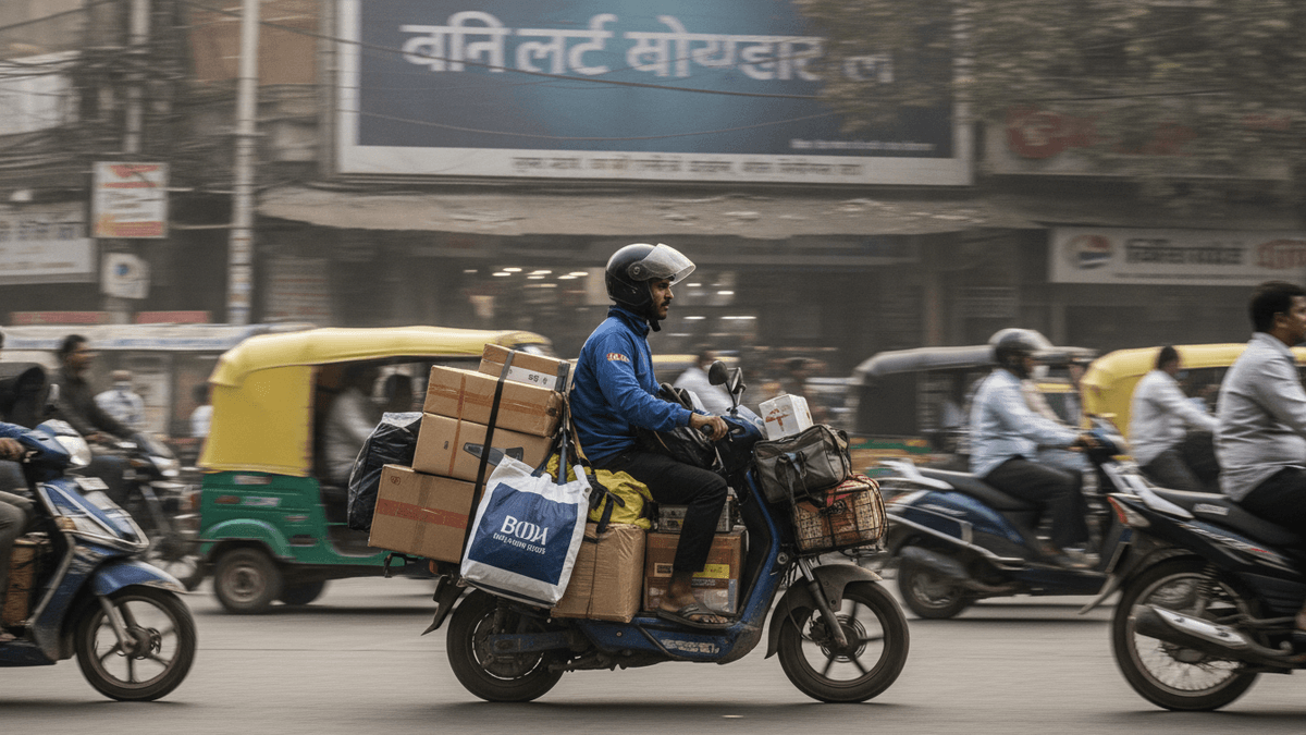 A delivery rider on a scooter, laden with packages, navigates a busy street in an Indian city.