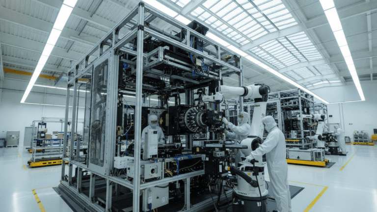 Inside a bright, expansive factory, technicians in cleanroom suits work on large, complex industrial machinery. Robotic arms are visible.