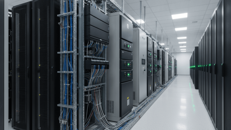 A medium shot, slightly low-angle view of modular UPS units and advanced switchgear in a data center.