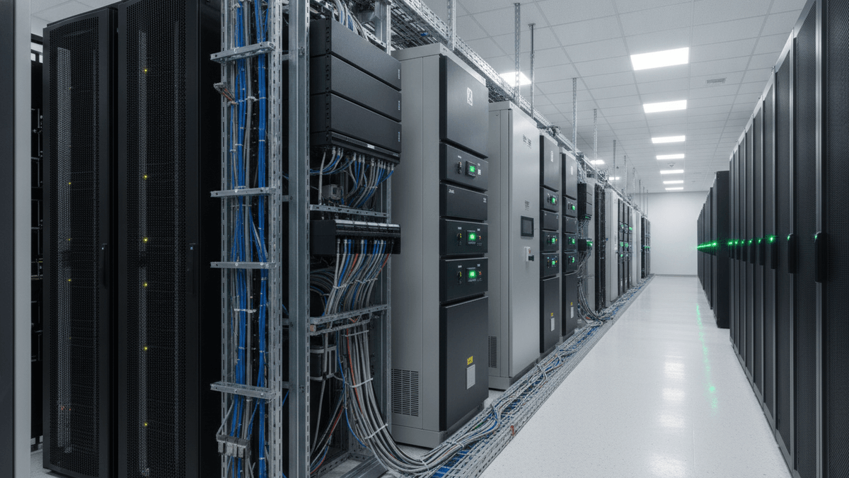 A medium shot, slightly low-angle view of modular UPS units and advanced switchgear in a data center.