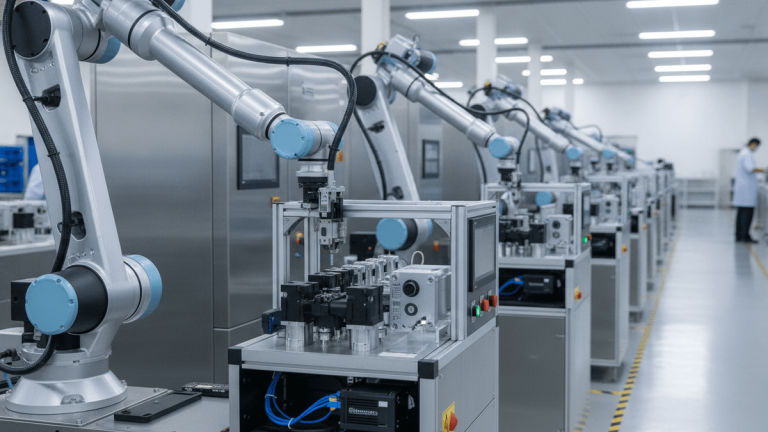 A modern factory floor with multiple robotic arms working on an assembly line.