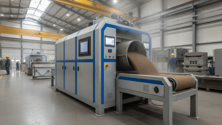 A sand cooling system actively processing sand on a foundry floor.
