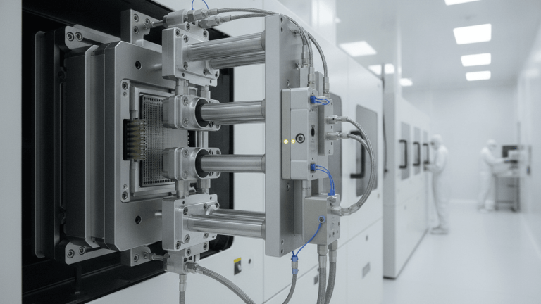 A close-up of a silver pneumatic locking system engaged on white manufacturing equipment in a bright cleanroom.