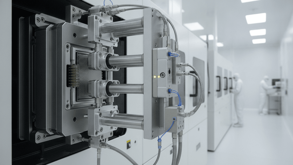 A close-up of a silver pneumatic locking system engaged on white manufacturing equipment in a bright cleanroom.