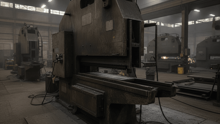 A heavy industrial guillotine machine with a missing safety guard on a factory floor. Other industrial equipment is visible in the background.